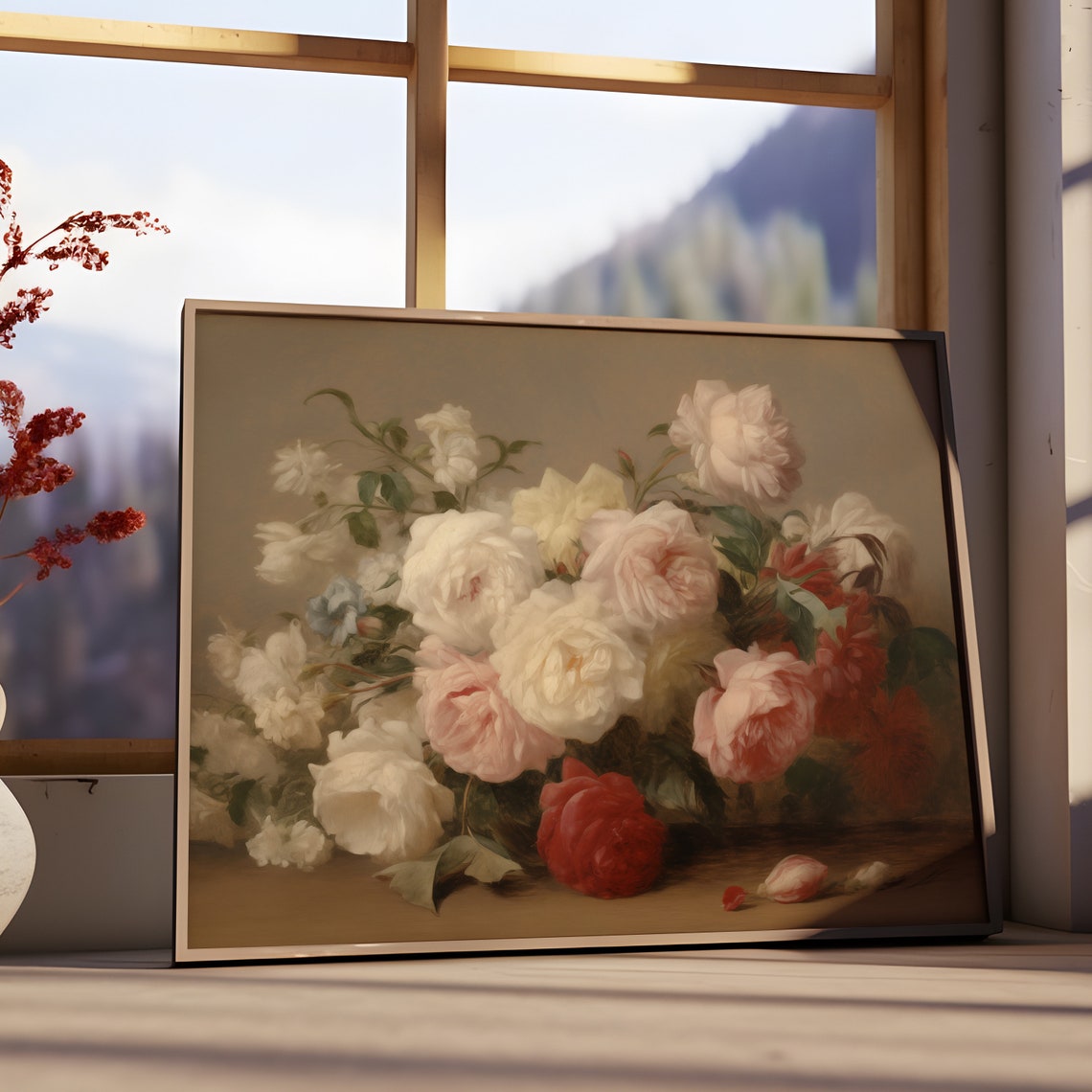 Classical Rose Bouquet Still Life In White Pink And Red Poster - Image 2