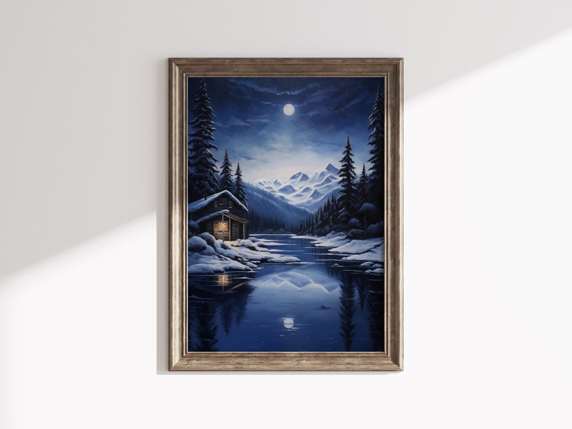 Vintage Winter Night Landscape Painting Vintage Christmas Wall Art Forest Wall Art Christmas Decor Moody Wall Art Mountain Wall Art Seasonal - Image 3