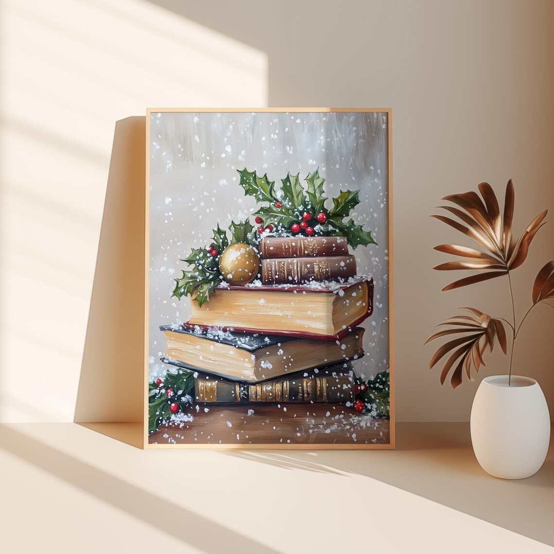 Vintage Books Falling Snow Holly Gold Ornament Christmas Poster - Image 3