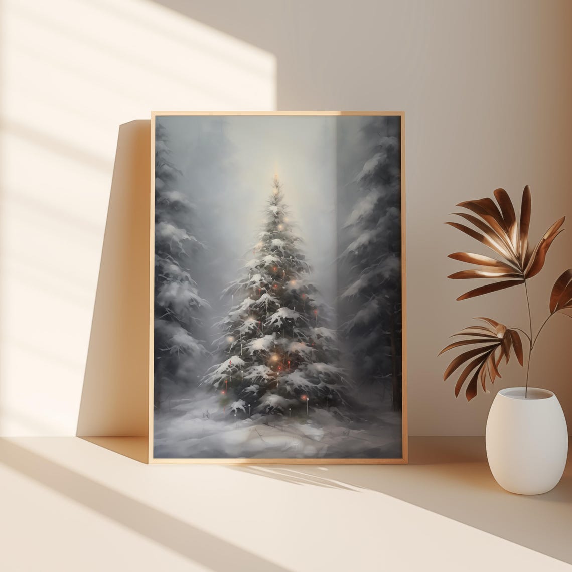 Tall Snowy Christmas Tree Warm Glow Dark Winter Forest Poster - Image 2