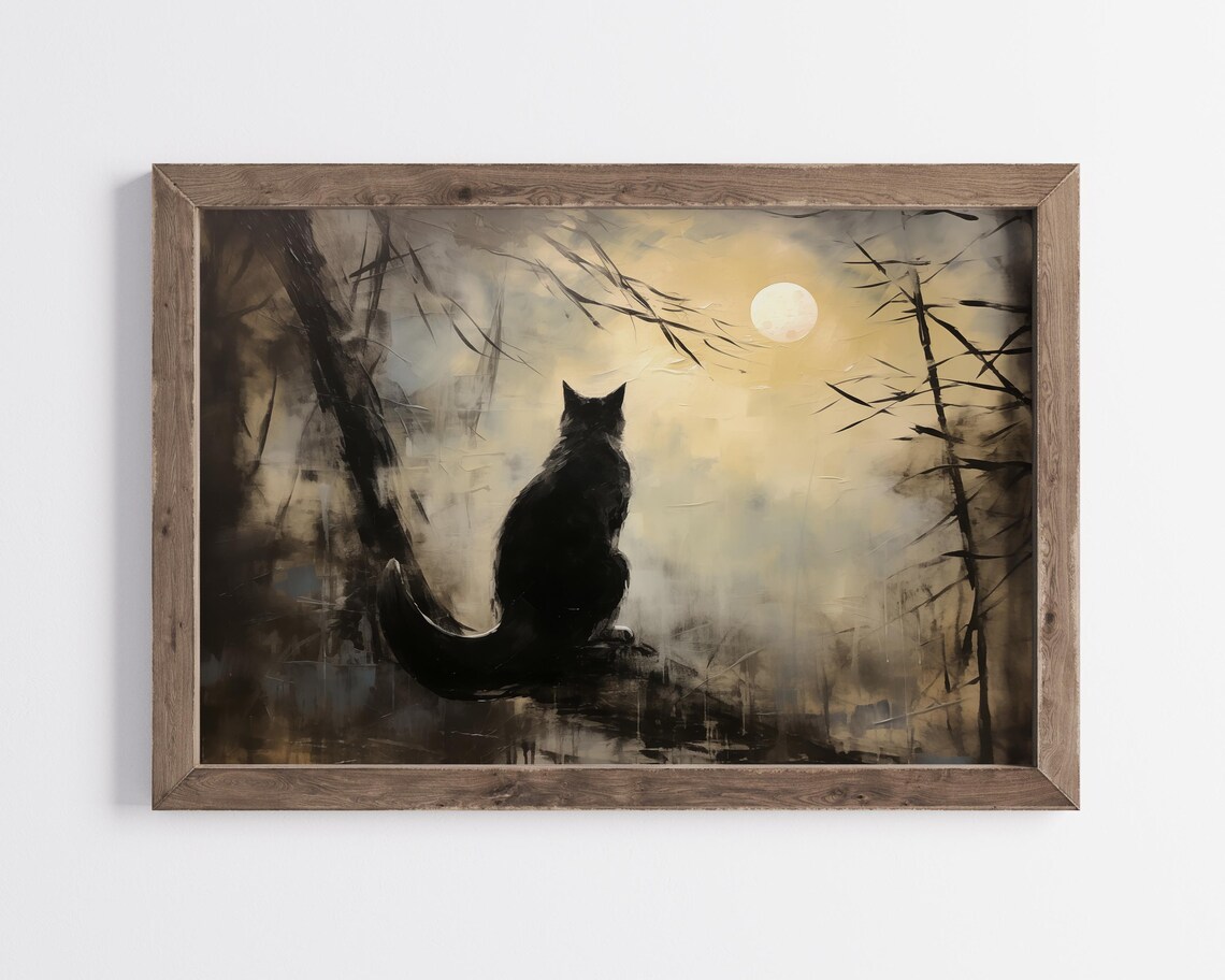 Black Cat Silhouette Gazing At Full Moon In Dark Forest Moody Halloween Poster - Image 3