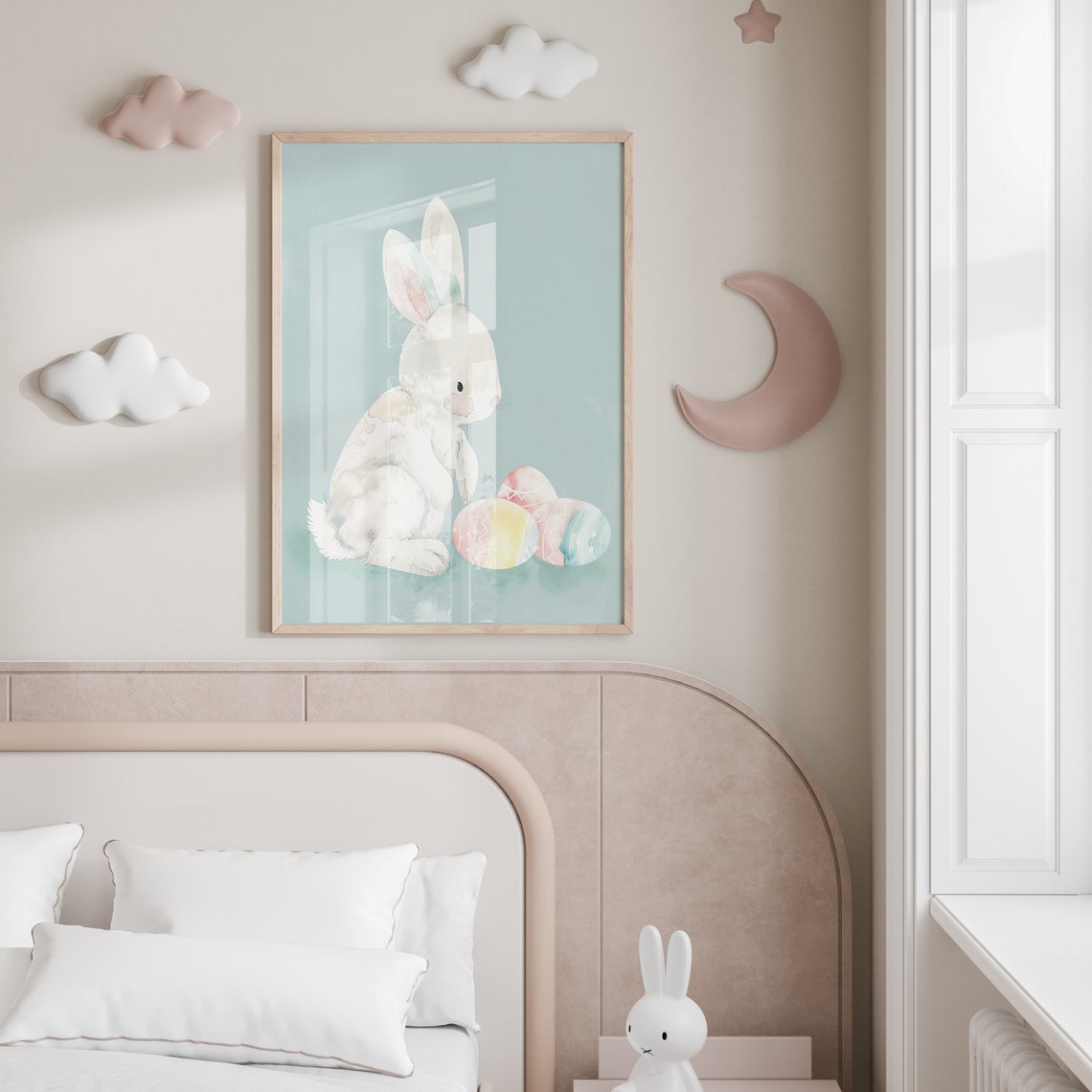 Cute Easter Rabbit Print Nursery Room Holiday Artwork Spring Bunny Art Colorful Easter Eggs Watercolor Kids Room Neutral Decor - Image 2
