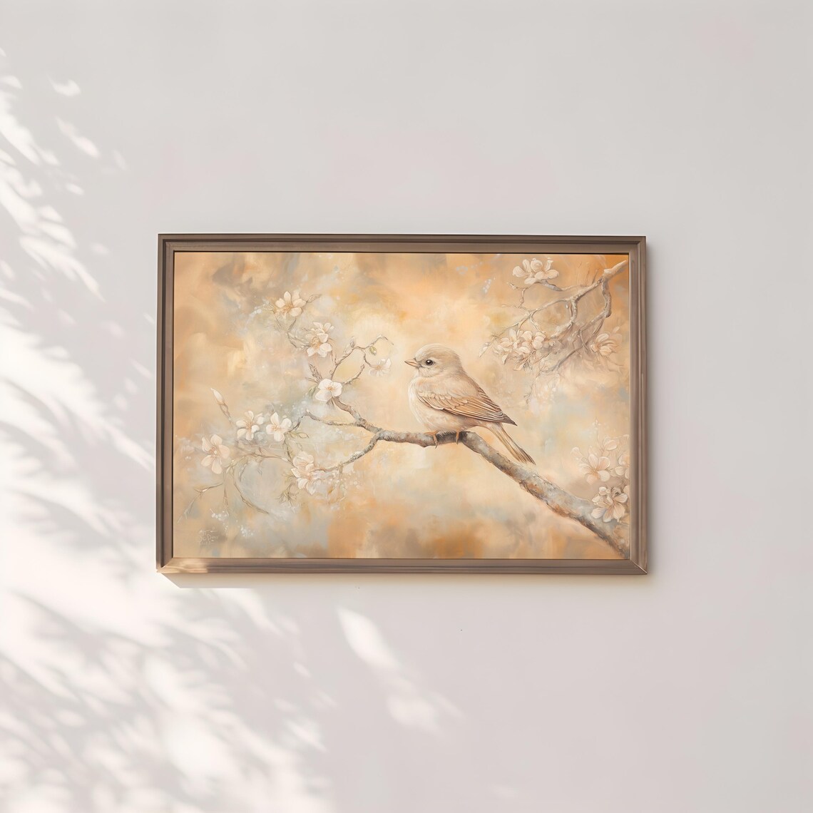 Cream Songbird On Flowering Branch Golden Pastel Spring Oil Painting Poster - Image 2