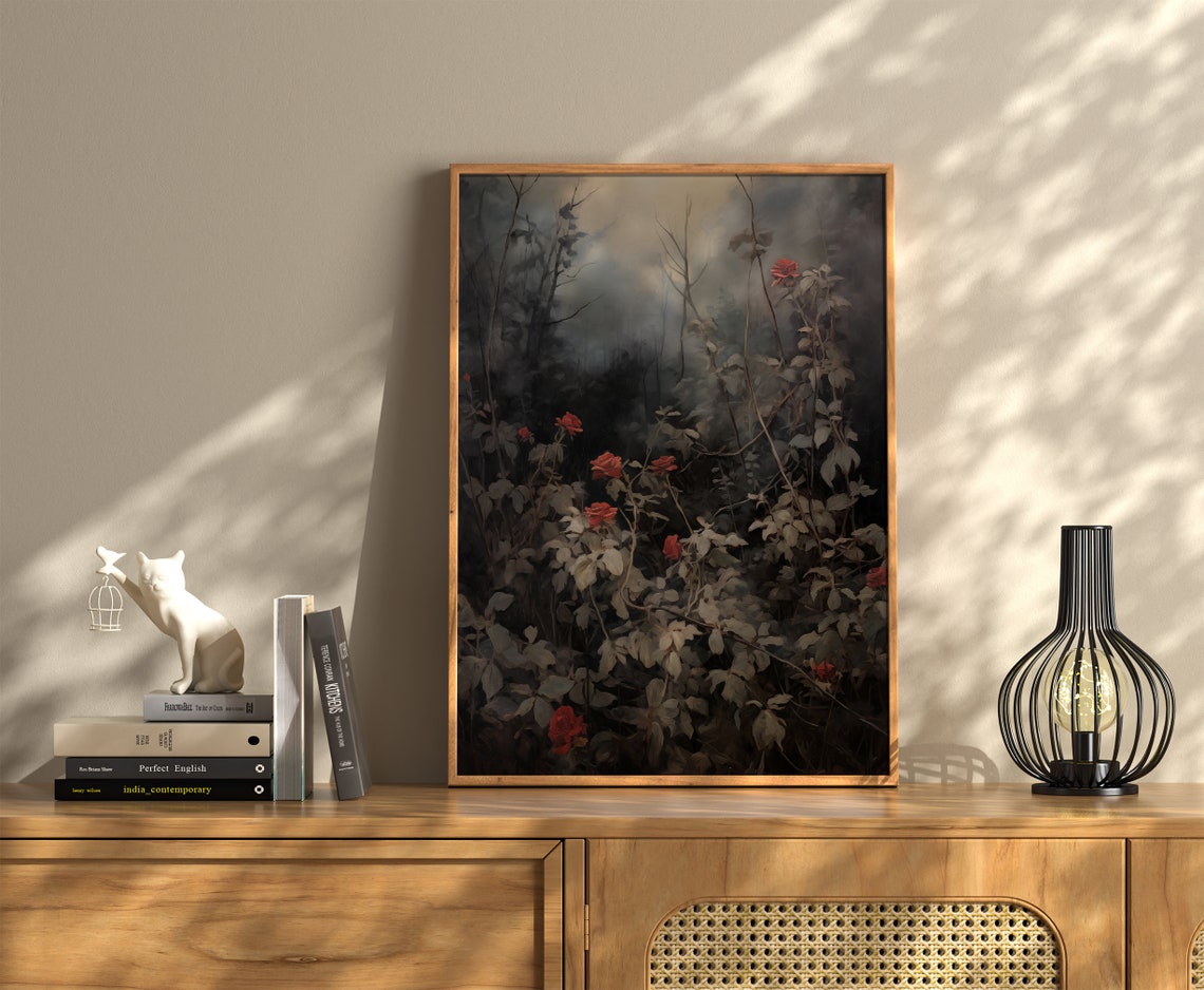 Red Roses Dark Forest Night Moody Shadow Floral Decor Wall Art - Image 2