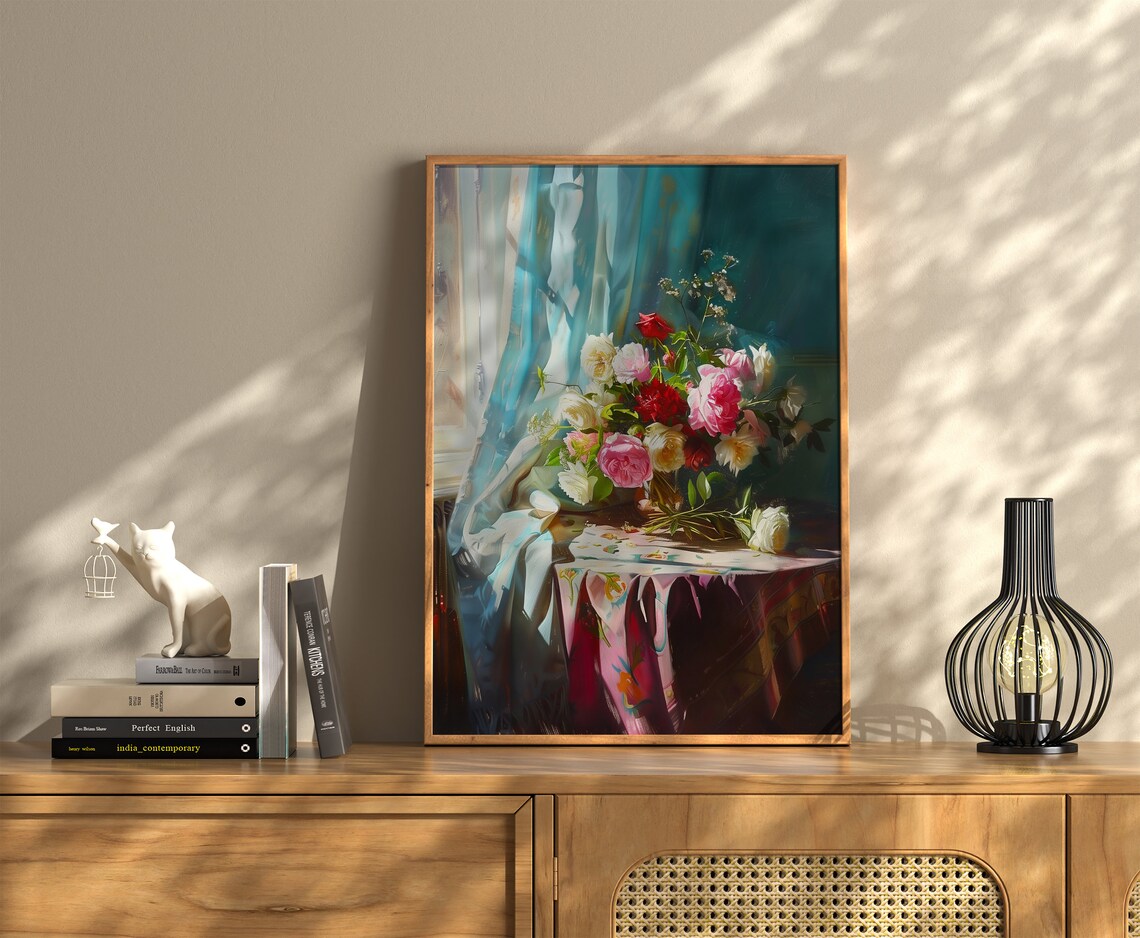 Lush Roses by Sunlit Window Classic Still Life Oil Painting Poster - Image 3