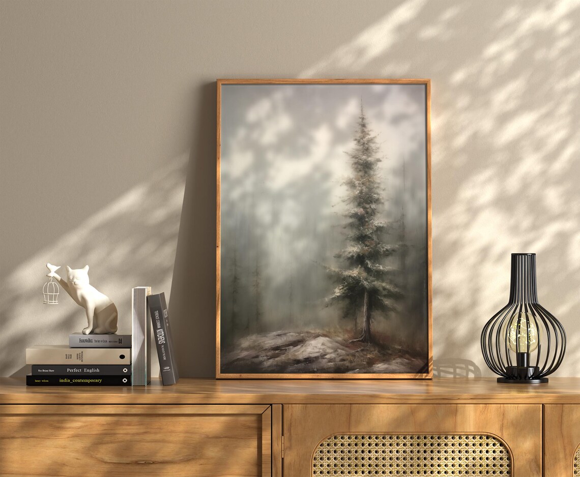 Lone Pine Tree Misty Fog Winter Christmas Tree Vintage Poster - Image 3
