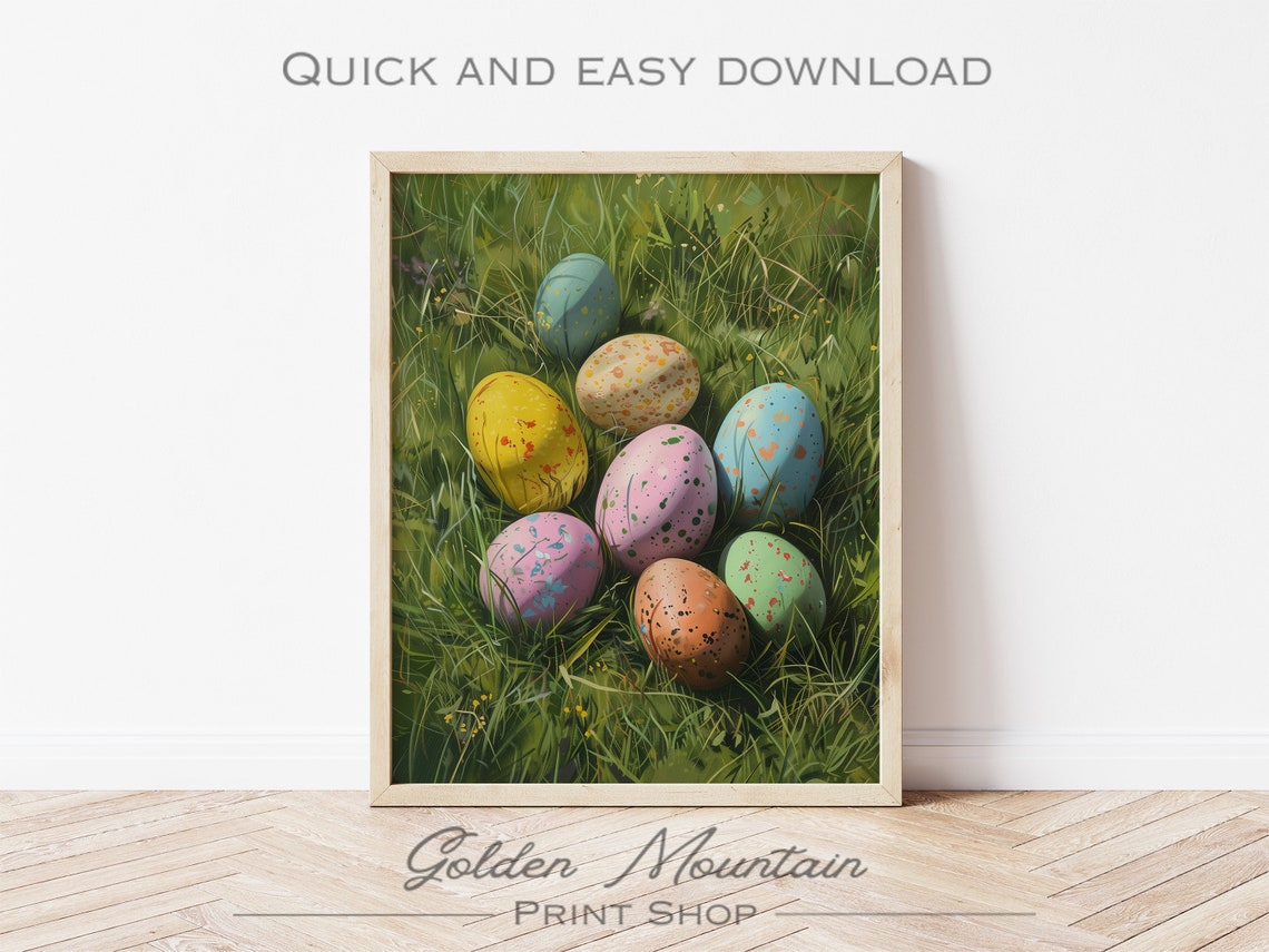 Colorful Painted Easter Eggs in Green Grass Spring Meadow Print - Image 2