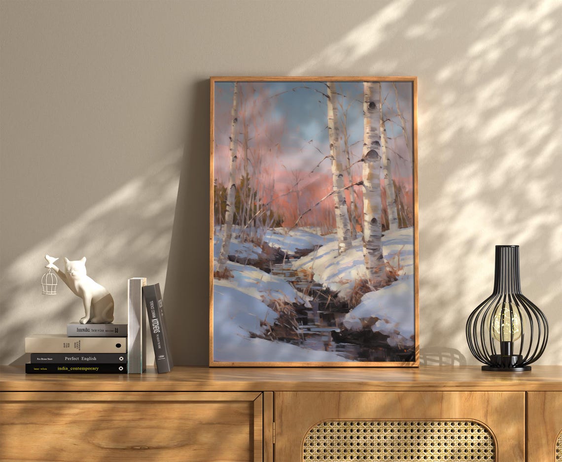 Winter Birch Forest Snowy Stream Pink Sunset Sky Nature Wall Art - Image 2