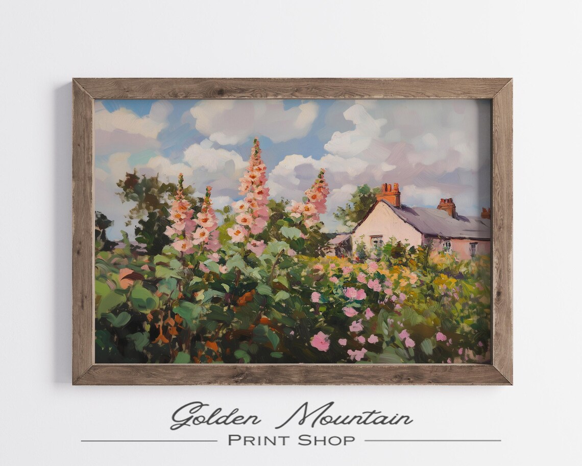 Pink Hollyhock Flower Garden Cottage Sunny Vintage Oil Poster - Image 3
