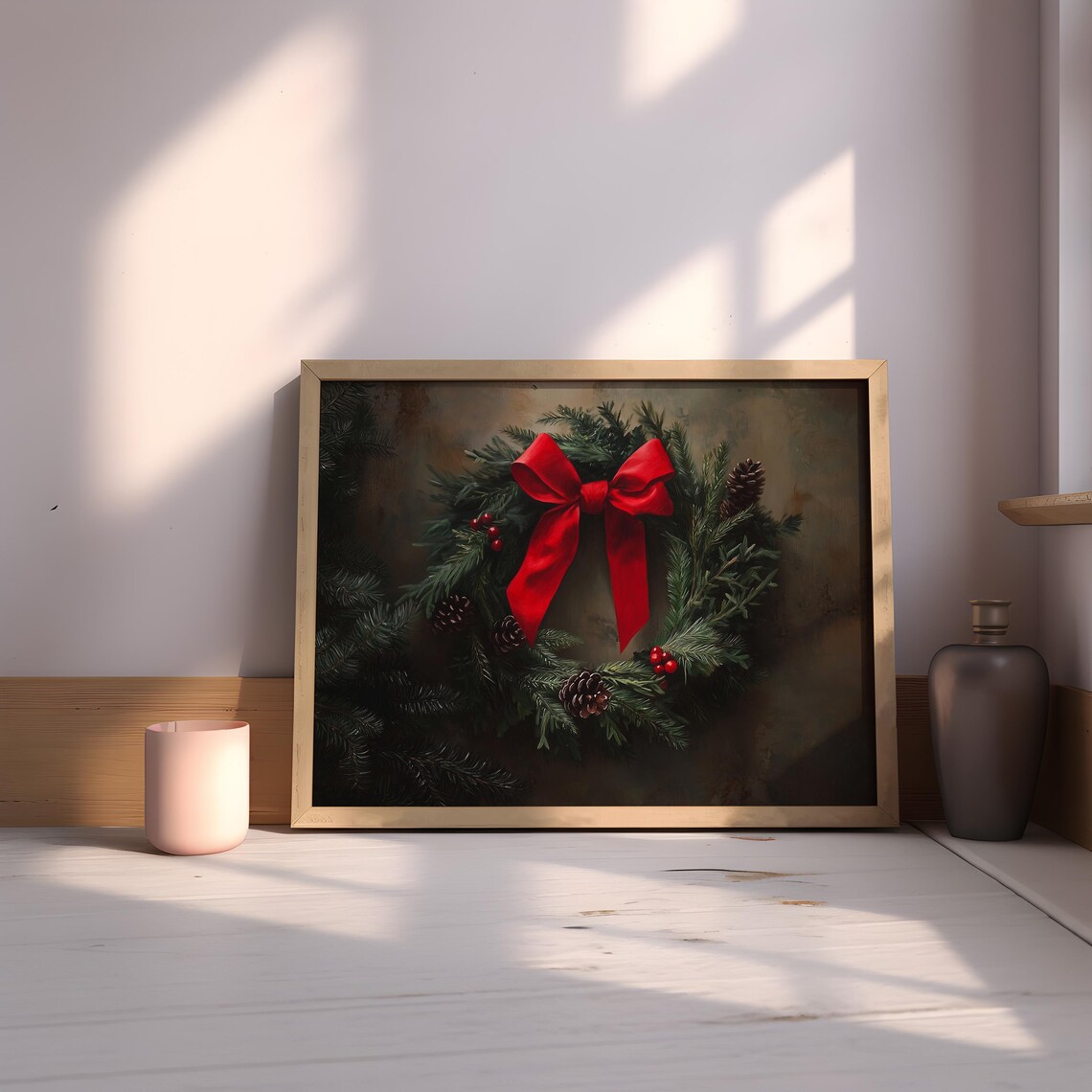 Christmas Wreath, Vintage Holiday Front Door Art Print - Image 2