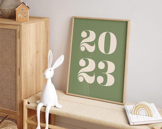 2023 Year Typography Poster with Sage Green Retro Numeral Art