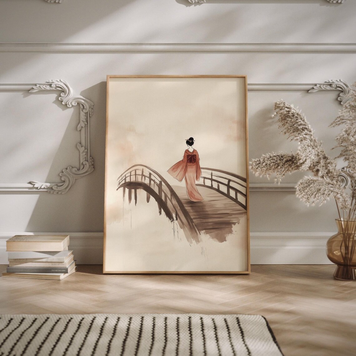 Geisha on Wooden Bridge, Japandi Japanese Art Print - Image 2
