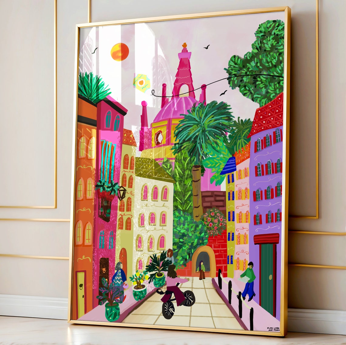 Colorful Mexican Colonial Street Cathedral Bells Scene Art Print - Image 5