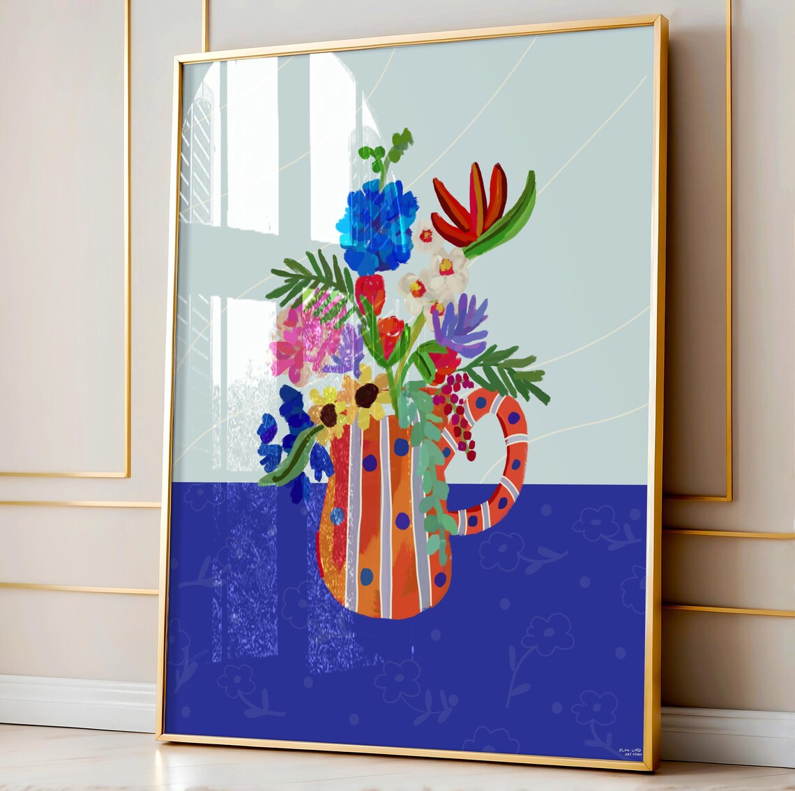 Colorful Flower Bouquet Striped Pitcher Blue Floral Art Print - Image 5