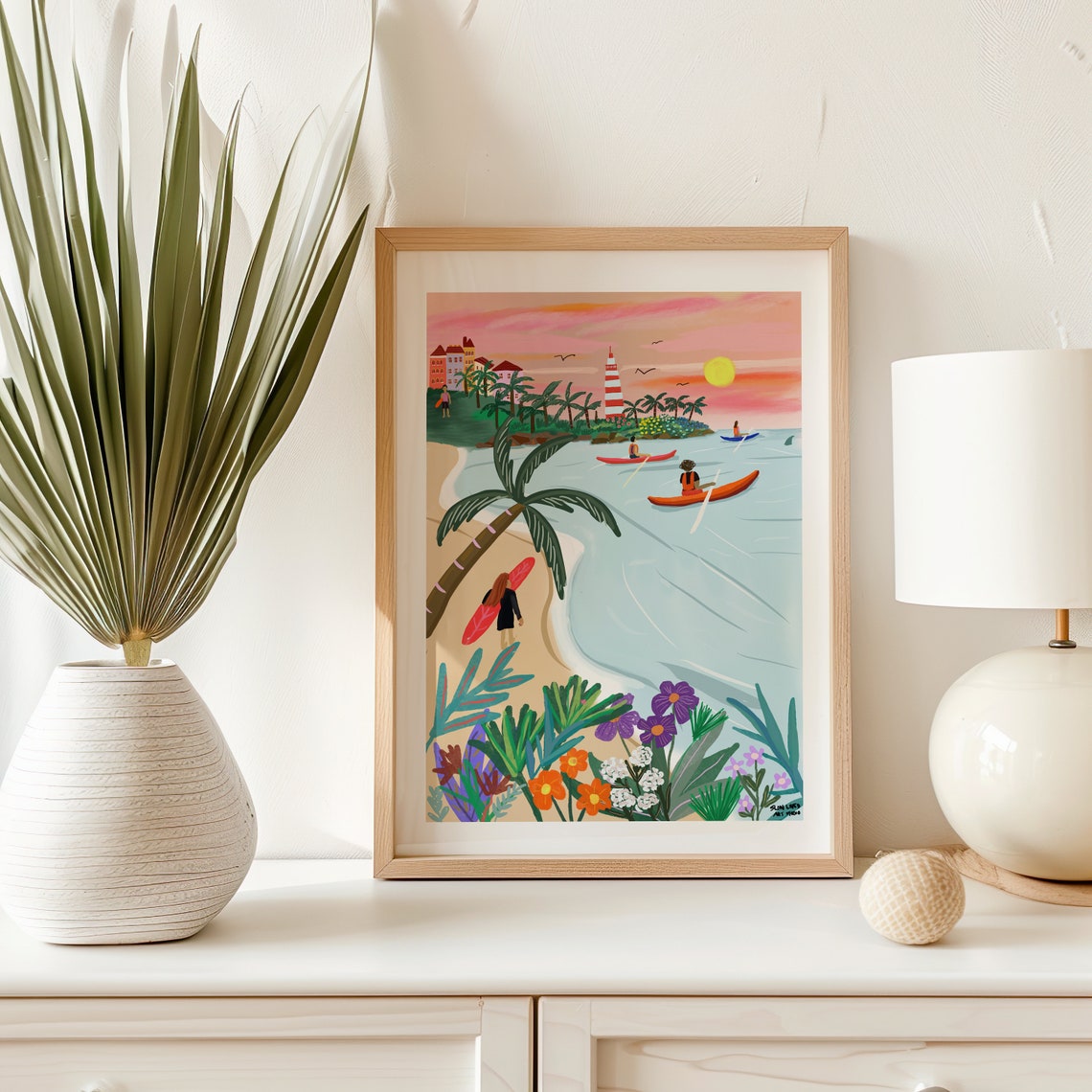 Surf Beach Sunset Lighthouse Kayaks Tropical Waves Art Poster - Image 2