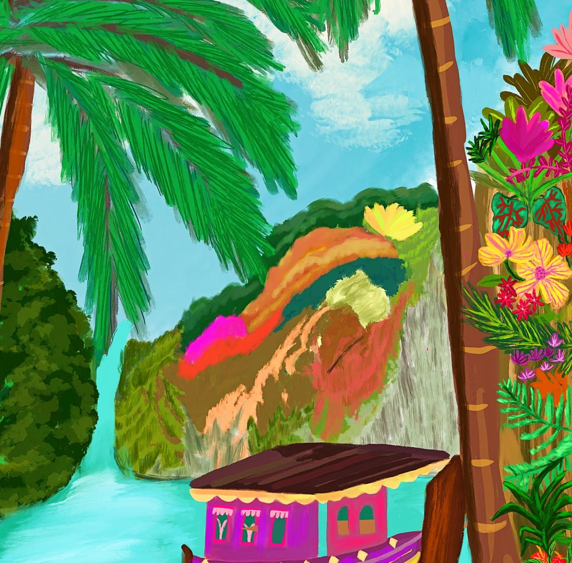 Phi Phi Thailand Palm Trees Longtail Boat Cove Travel Poster - Image 3