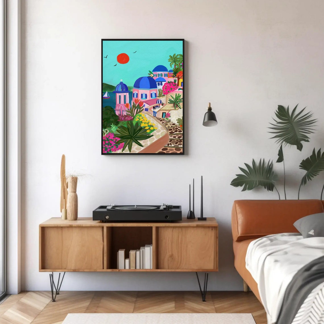 Santorini Greece Blue Domes Caldera Red Sunset View Art Print - Image 3