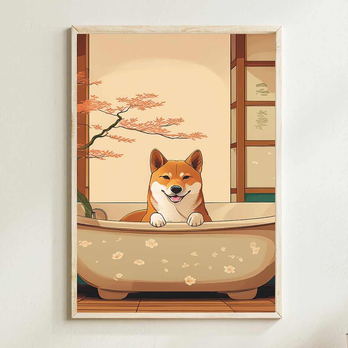 Smiling Shiba Inu Cream Bathtub Maple Tree Japanese Dog Poster