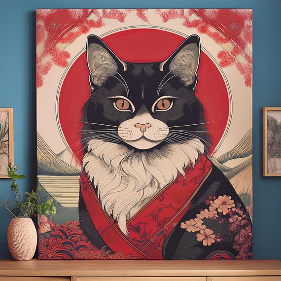 Japandi Cat Wall Art Ukiyoe Style Black In Kimono Japanese Inspired For Zen Decor Anime