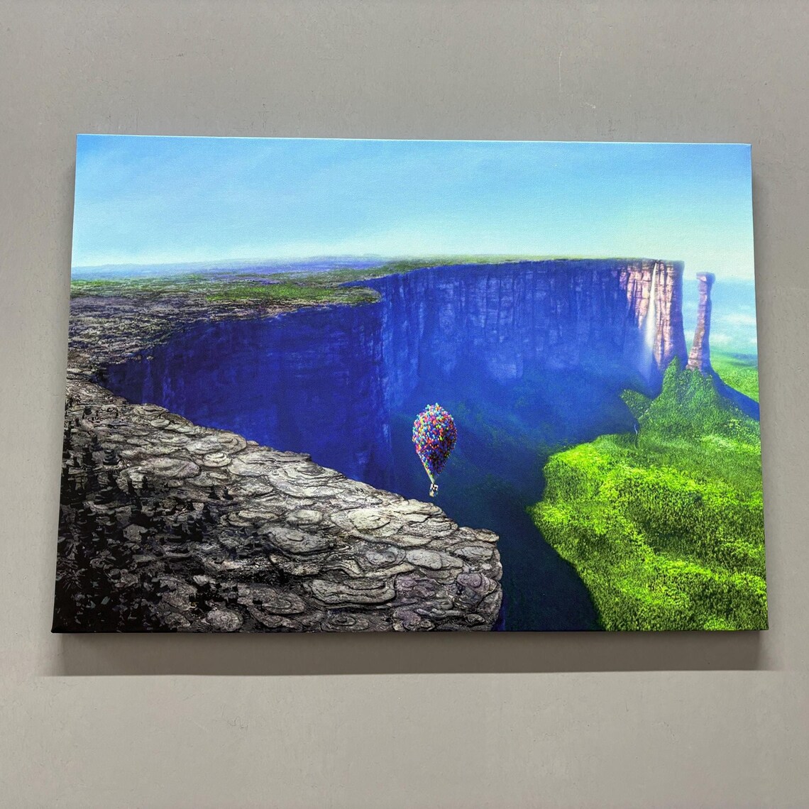 Colorful Balloon House Flight Over Blue Tepui Falls Adventure Poster