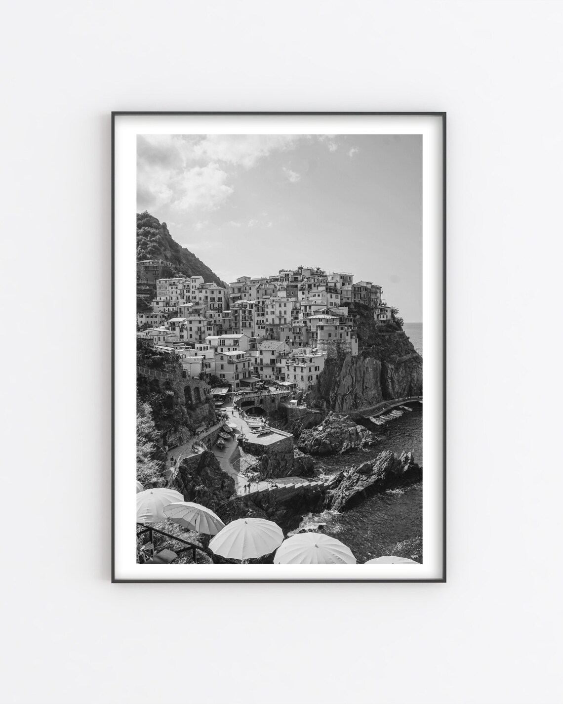 Cinque Terre Cliffside Town Umbrellas Black And White Photo Poster - Image 3