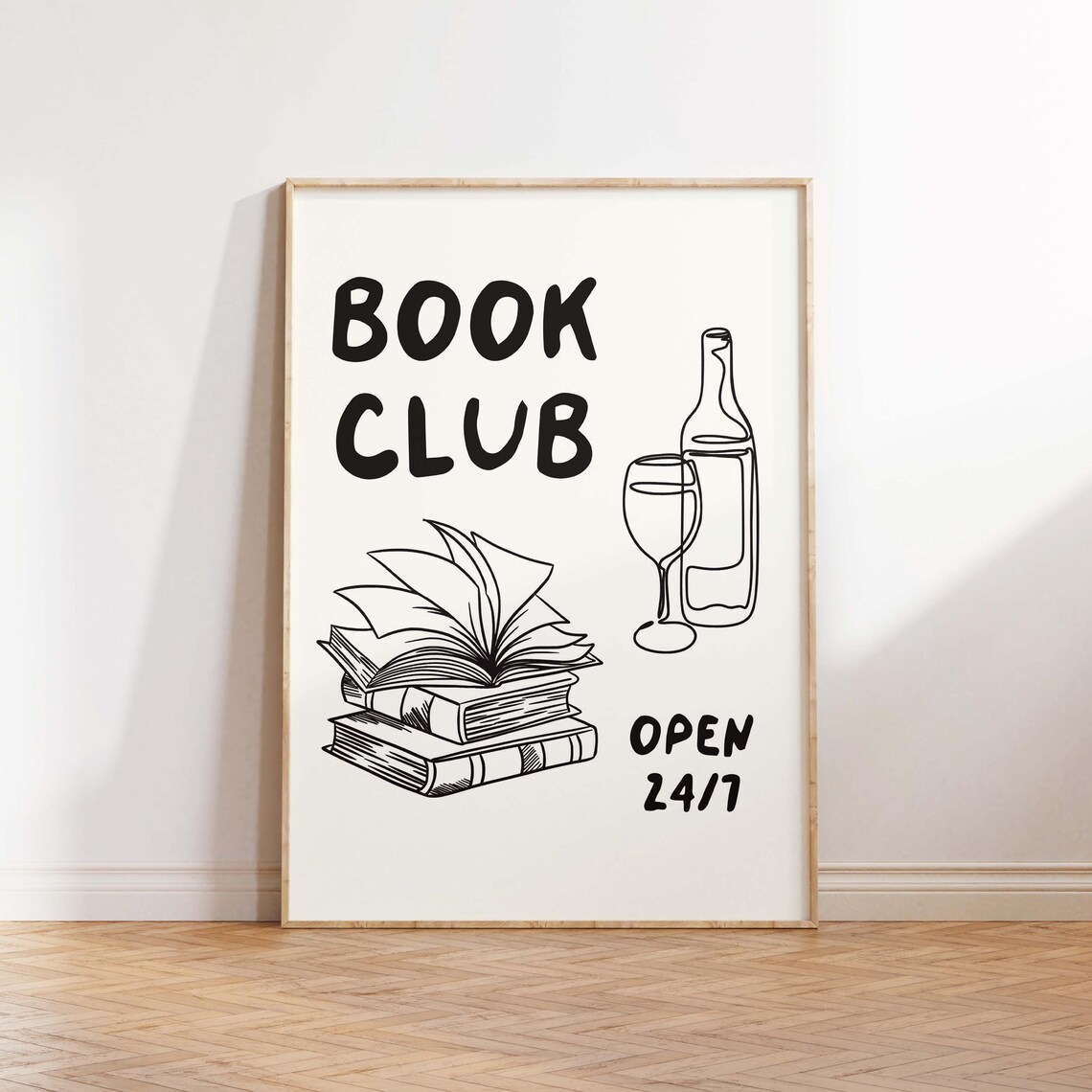 Black Line Art Book Club Open 24/7 Wine Glass Reader Decor Poster - Image 2