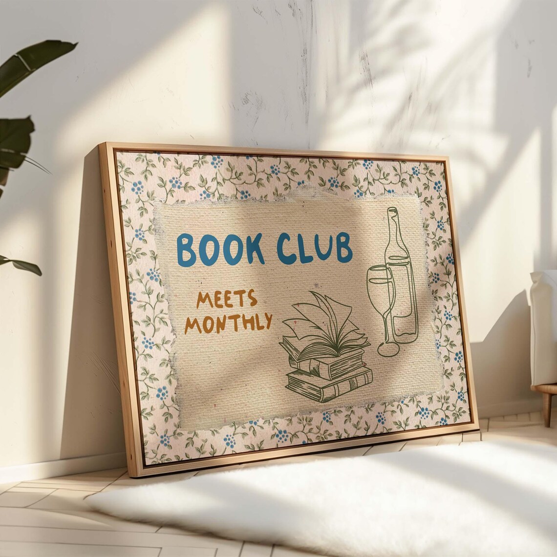 Book Club Meets Monthly Beige Linen Floral Border Reader Art Print - Image 5
