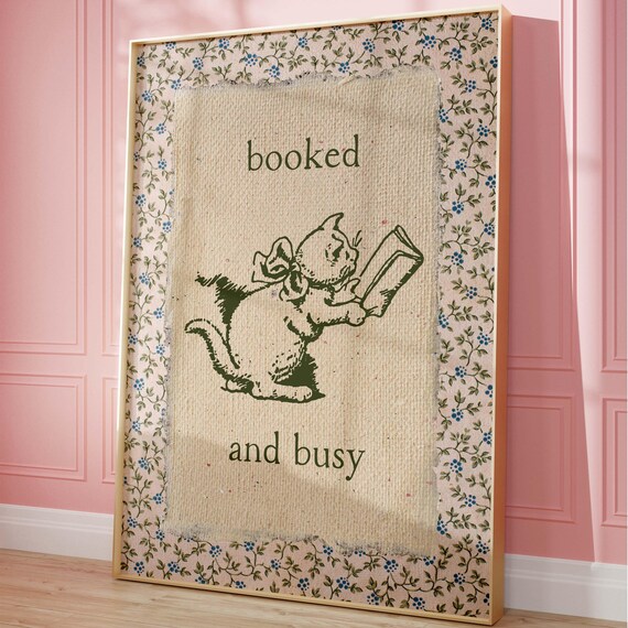 Booked and Busy Kitten Reading Vintage Green Floral Mat Poster