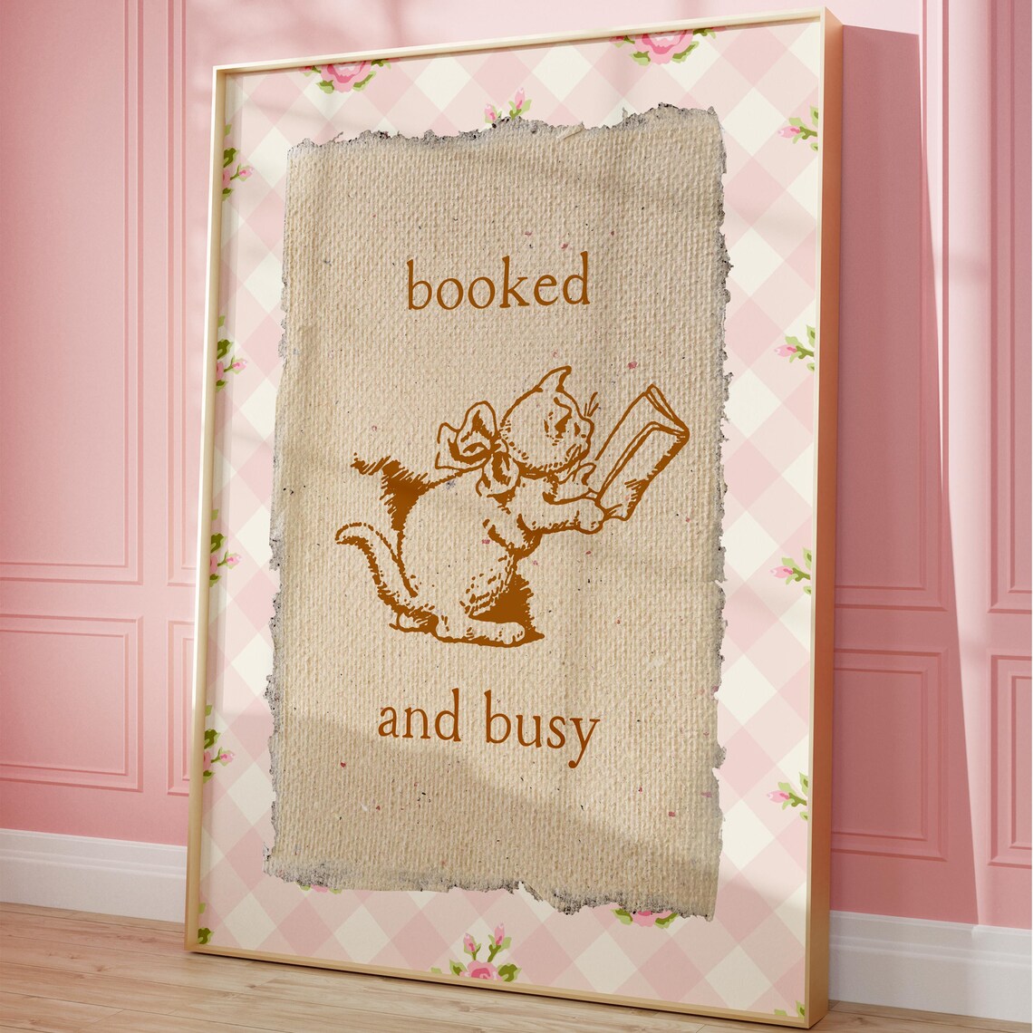 Booked and Busy Vintage Kitten Reading Gingham Border Poster