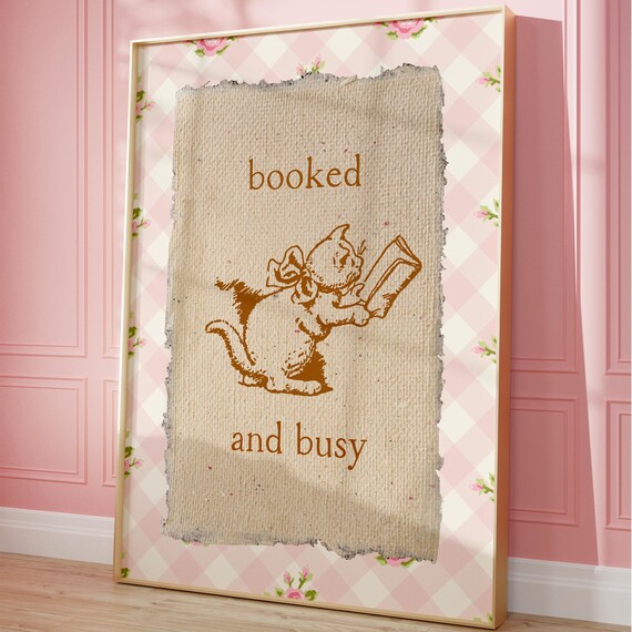 Booked and Busy Vintage Kitten Reading Gingham Border Poster