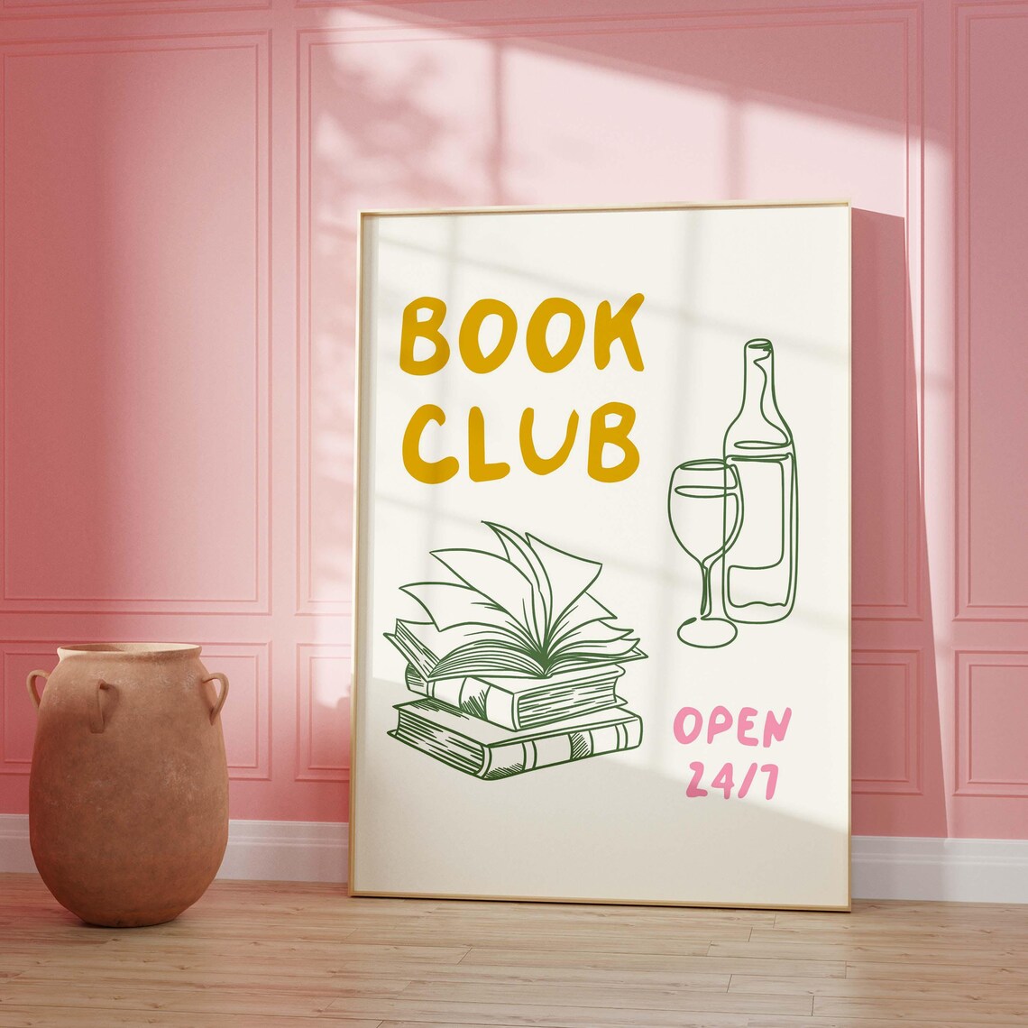 Yellow Book Club Open 24/7 Green Line Art Wine Reader Poster - Image 2