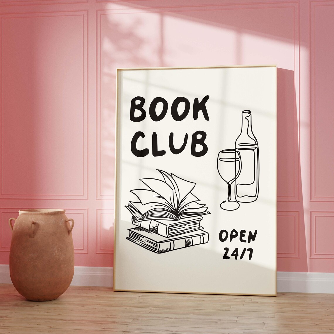 Black Line Art Book Club Open 24/7 Wine Glass Reader Decor Poster - Image 4
