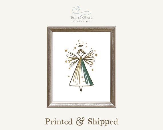 Minimalist Angel In Green And Gold Modern Christmas Art Poster