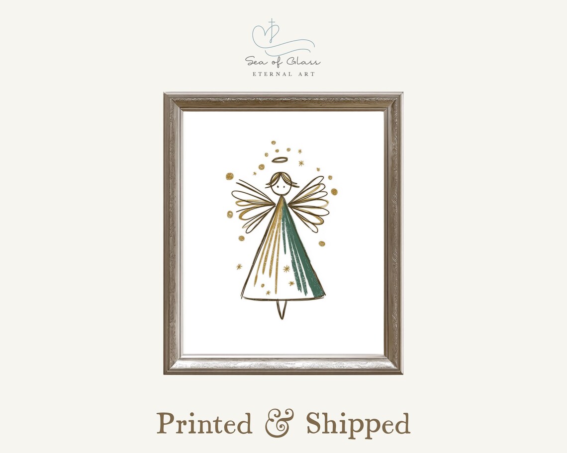 Minimalist Angel In Green And Gold Modern Christmas Art Poster