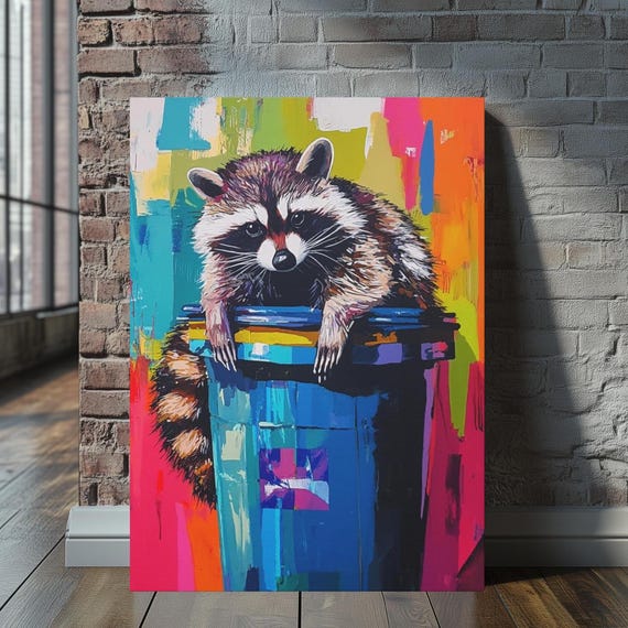 Colorful Raccoon Canvas Art Urban Graffiti Wall Print Wildlife Poster Abstract Animal Vibrant Jungle Decor Playful