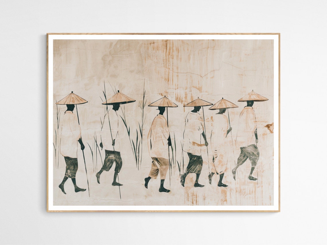 Tribal Philippines Villagers Line Up Minimalist Ink Wash Art Poster