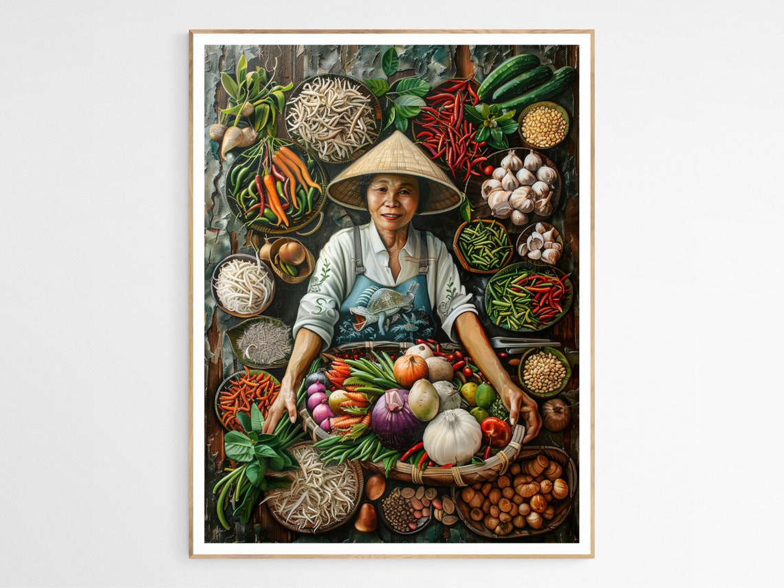 Vietnamese Market Woman Conical Hat Food Ingredients Art Print