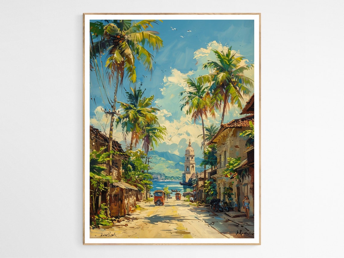 Tropical Philippine Coastal Town Palms Tuk Tuks Painting Art Poster