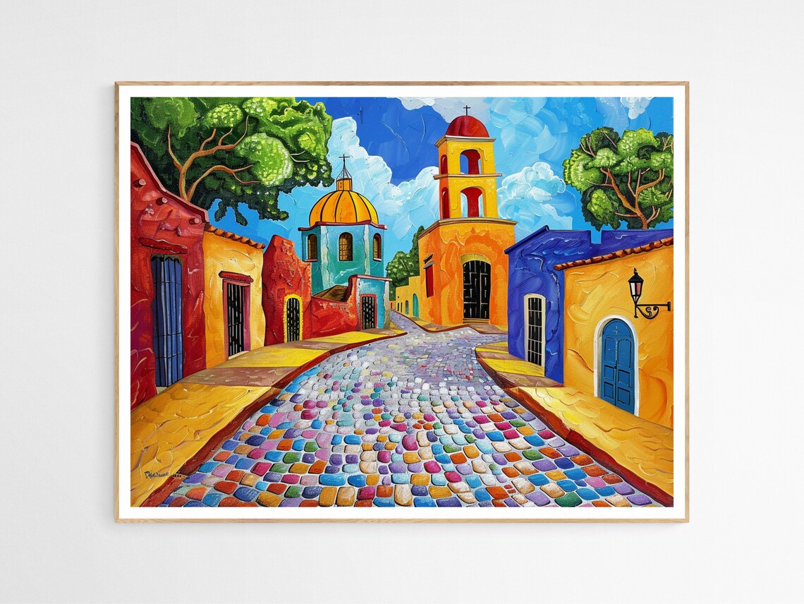 Colorful Mexican Town Street Church Bell Tower Painting Poster