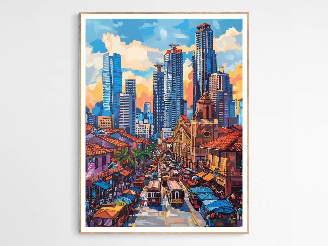 Bustling Manila Street Scene Jeepneys Colorful Cityscape Art Poster