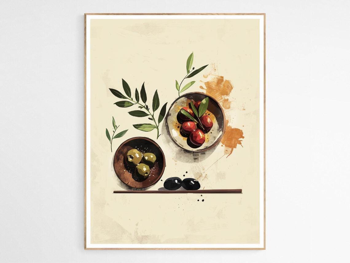 Mediterranean Olives with Olive Branches Watercolor Food Poster