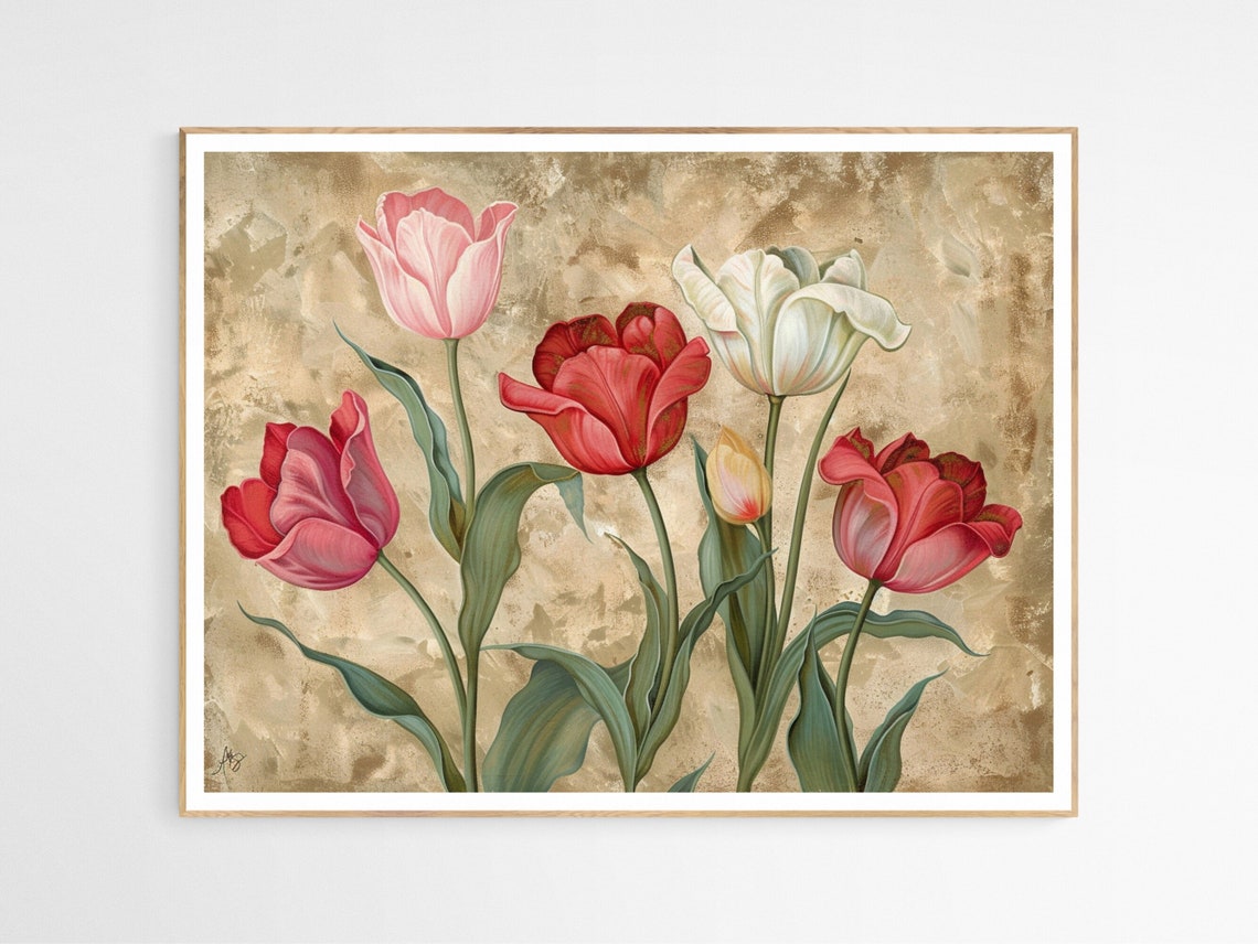 Elegant Vintage Tulips Botanical Floral Painting Print Artwork