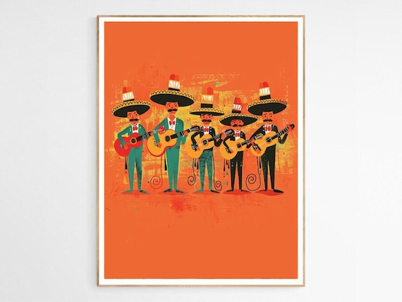 Five Mariachi Musicians Retro Cartoon Band Festive Art Print