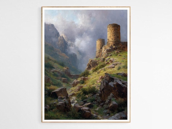 Medieval Fortress Towers Misty Mountain Valley Oil Painting Poster