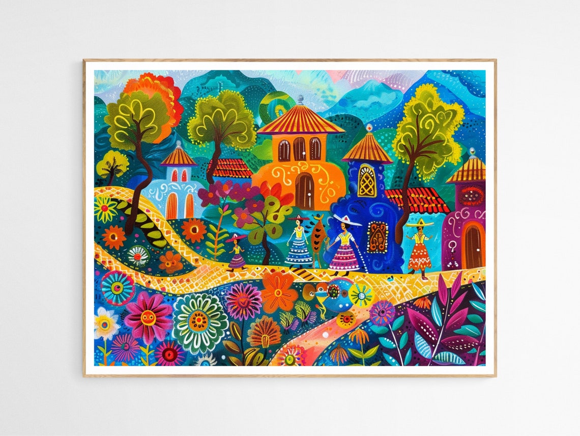 Mexican Folk Village Flowers Colorful Naive Art Painting Poster