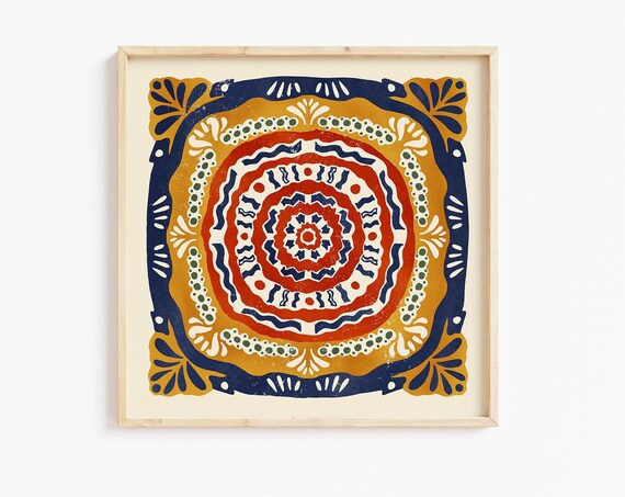 Rust Orange Blue Talavera Medallion Tile Wall Decorative Art Poster