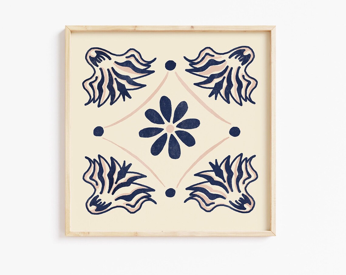 In Bloom Hand Painted Mexican Tile Style Blue Floral Art Print