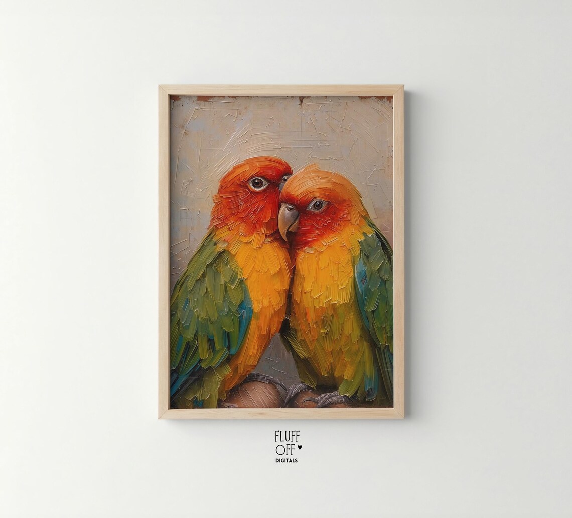 Gossipy Parrots Painting, Romantic Cozy Scene Art Print