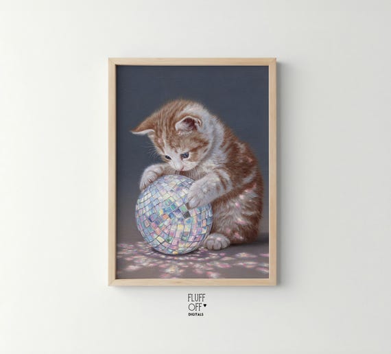 Playful Tabby Kitten With Disco Ball Realistic Retro Wall Art Moody Cute Illustration Soft Sparkles Decor