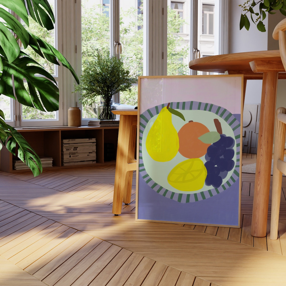 Colorful Fruit Plate Pear Orange And Grapes Still Life Poster - Image 3
